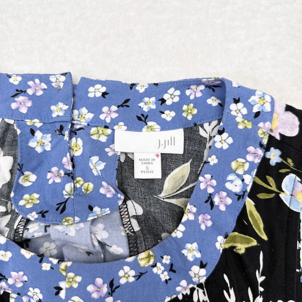 J Jill Dress Sz Small Petite Black Blue Floral Sleeveless Shift Heirloom Daisies - Picture 6 of 9